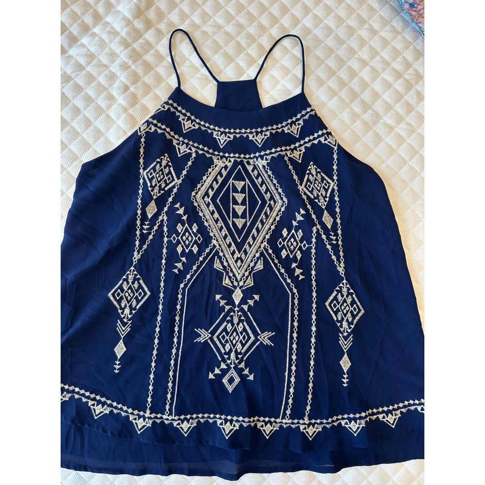 Blu Pepper Navy Blue Embroidered Halter Tank Top Chiffon Boho B9893 Small